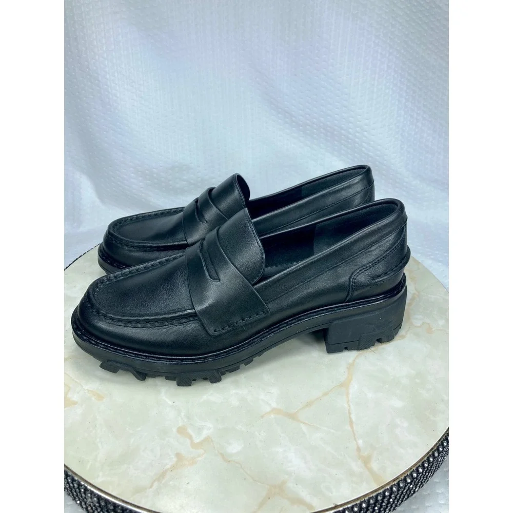 Rag & Bone Corey Chunky Lug Sole Penny Loafers Women 7 Black Leather Comfy Shoes